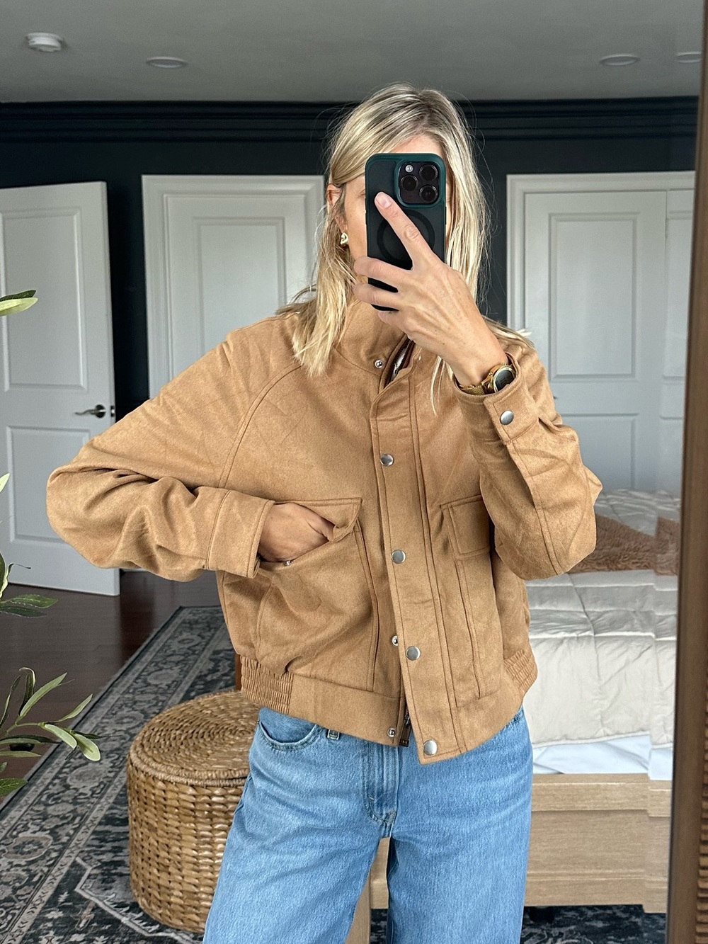 Women's Tan Faux Suede Button-Front Casual Jacket S